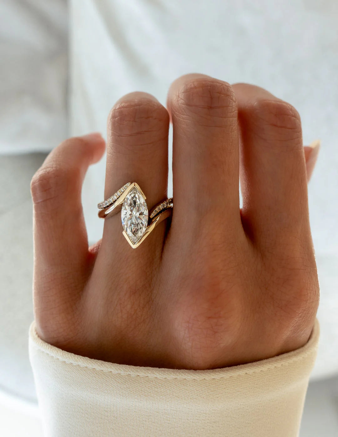 2.0CT Marquise Lab Grown Diamond Bypass Half Bezel Engagement Ring With Matching Band