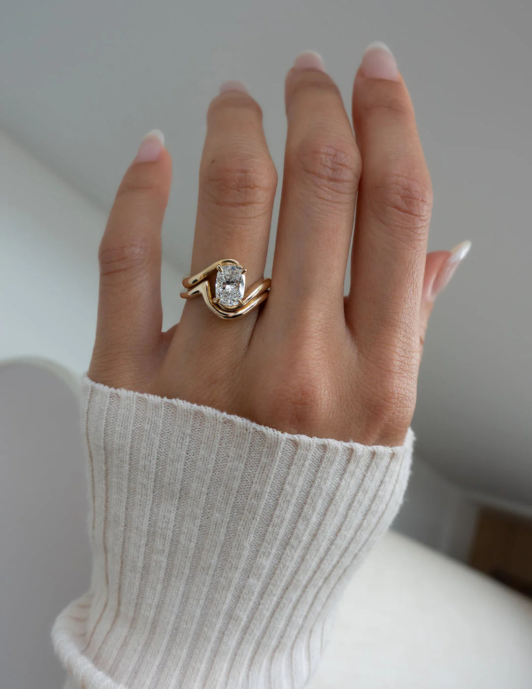 1.50CT Elongated Cushion E\VS CVD Diamond Bypass Engagement Ring With Matching Classic Band