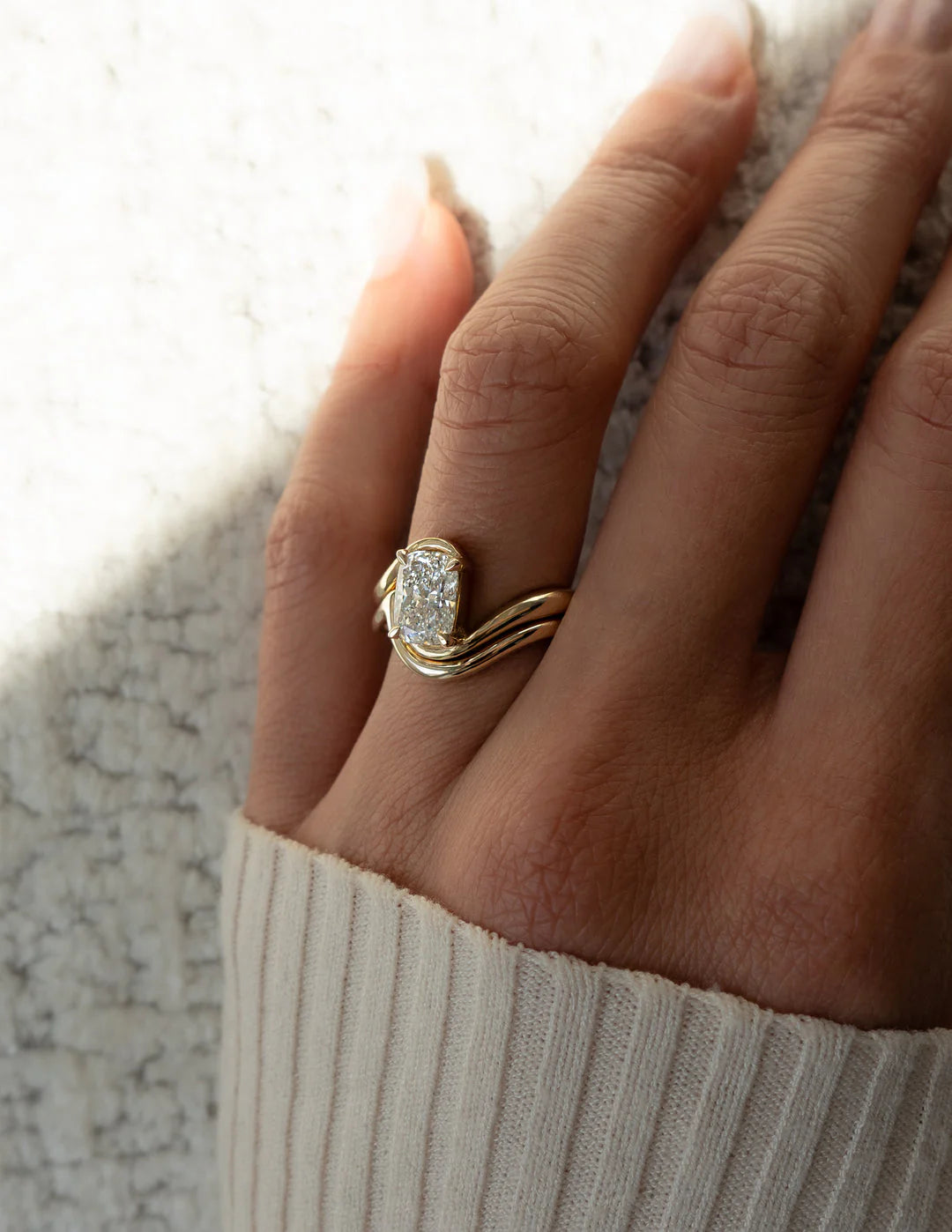 1.50CT Elongated Cushion E\VS CVD Diamond Bypass Engagement Ring With Matching Classic Band
