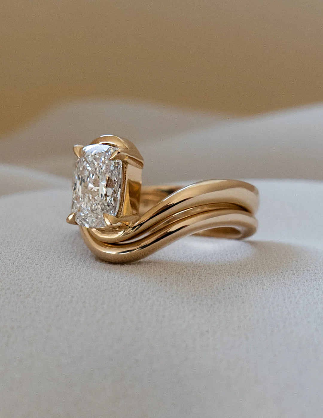 1.50CT Elongated Cushion E\VS CVD Diamond Bypass Engagement Ring With Matching Classic Band