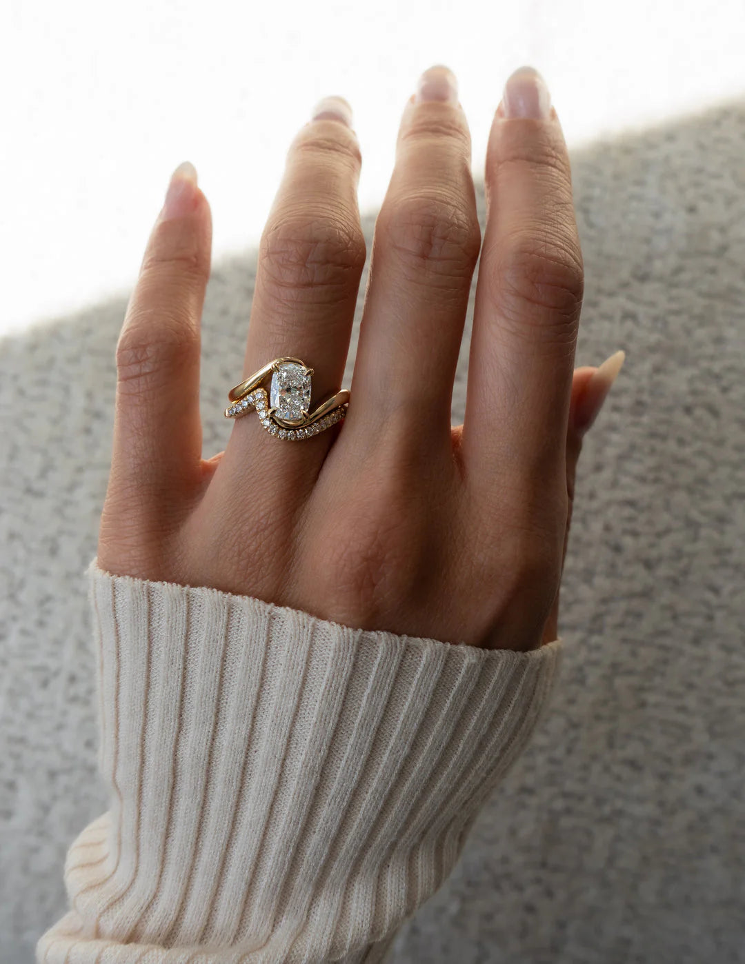 1.50CT Elongated Cushion E/VS Lab Grown Diamond Bypass Engagement Ring With Matching Curved Band