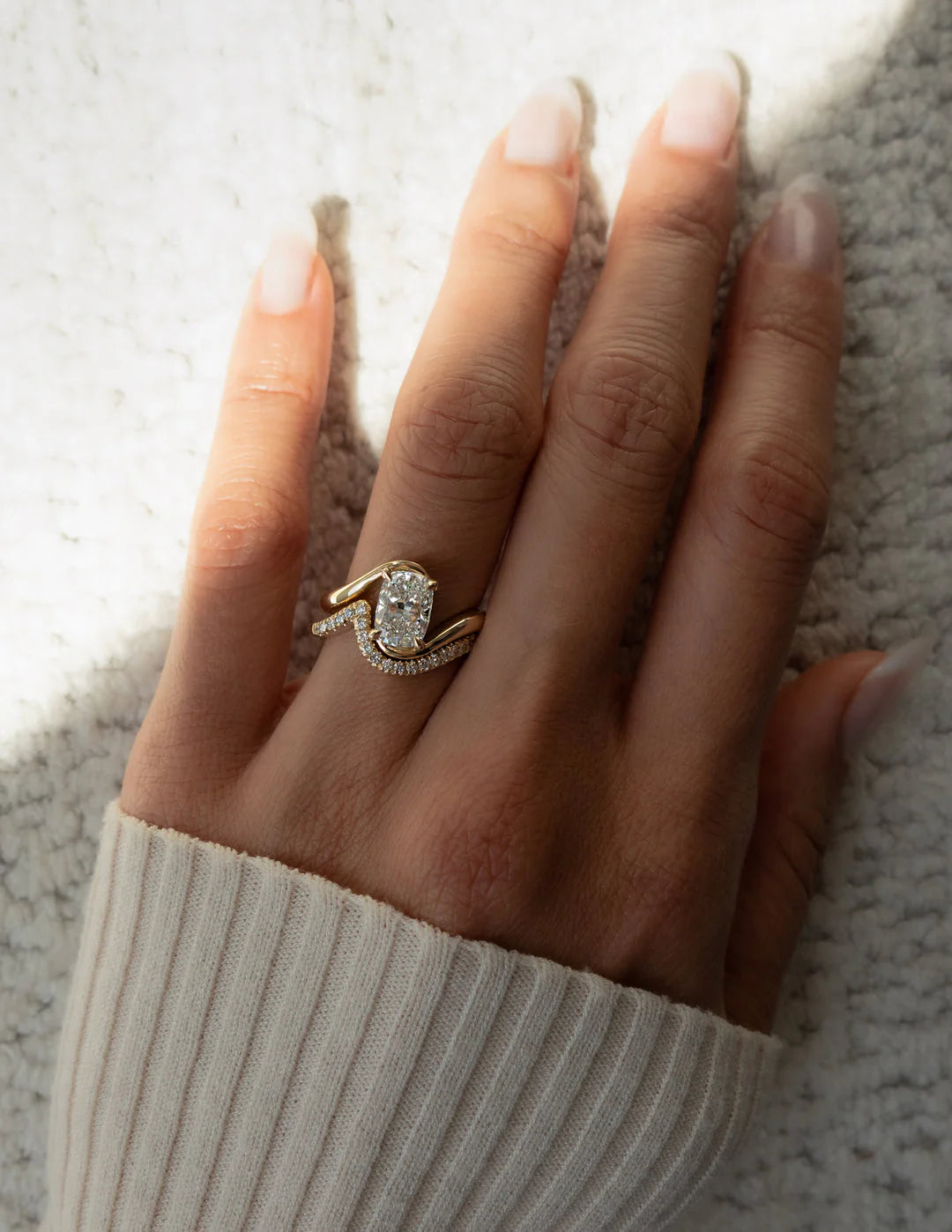 1.50CT Elongated Cushion E/VS Lab Grown Diamond Bypass Engagement Ring With Matching Curved Band