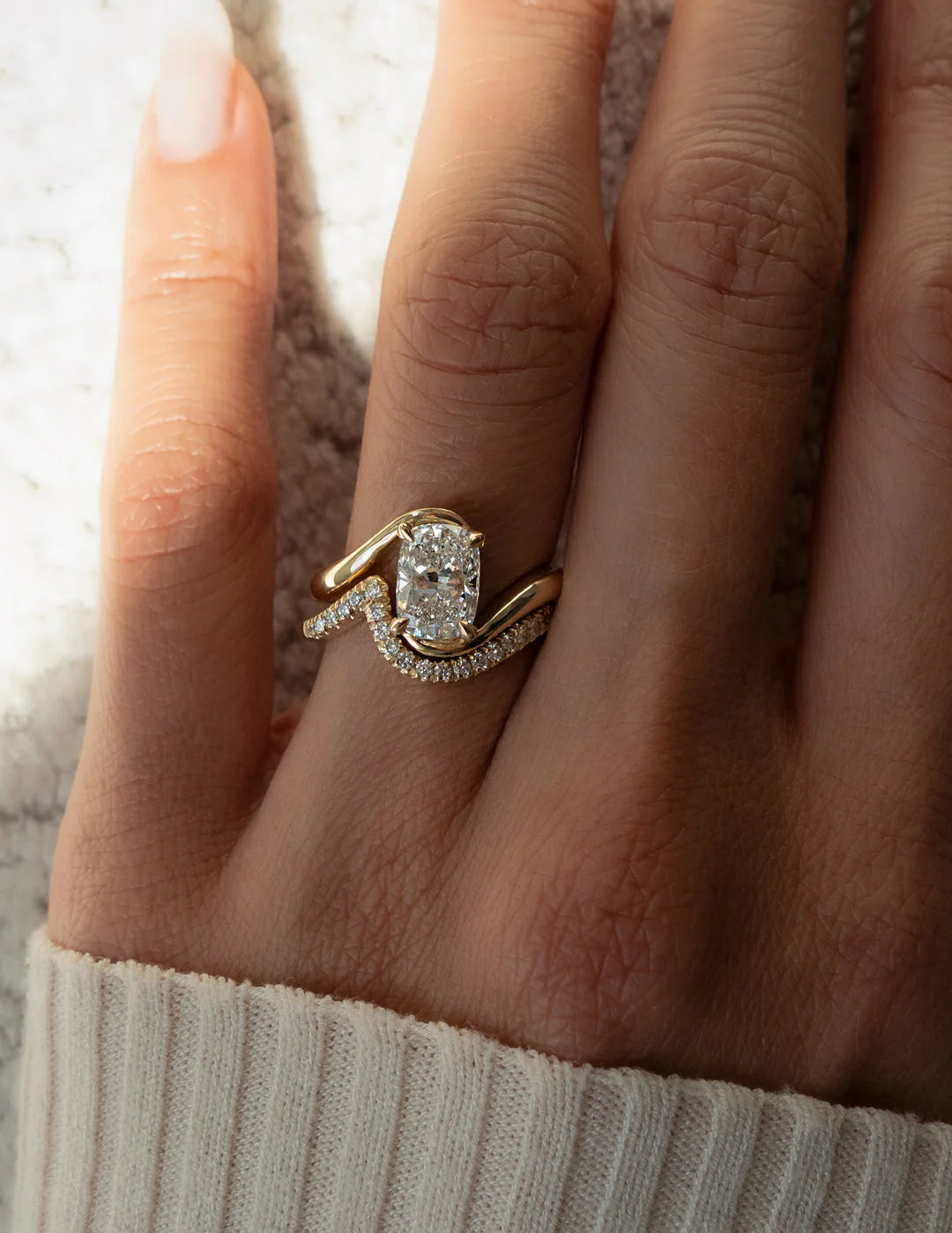 1.50CT Elongated Cushion E/VS Lab Grown Diamond Bypass Engagement Ring With Matching Curved Band