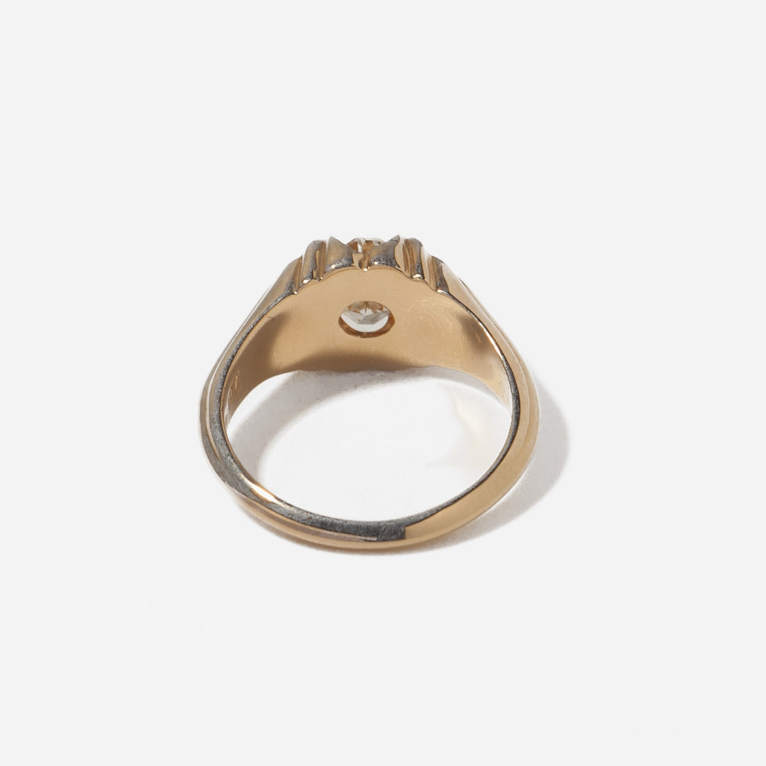 Vintage Marguerite style engagement ring featuring Asscher cut lab grown diamond set in elegant gold bezel design