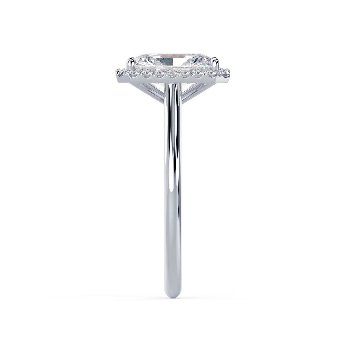 Modern radiant cut lab grown diamond halo solitaire engagement ring designed for contemporary bridal aesthetics