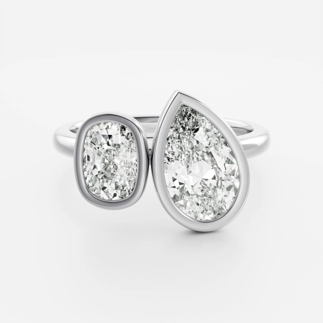 1.0CT Bezel Set Pear & Elongated Cushion Cut CVD Diamond Toi Et Moi Engagement Ring