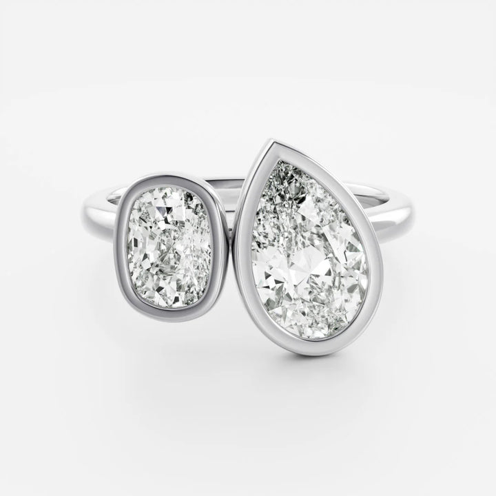 1.0CT Bezel Set Pear & Elongated Cushion Cut CVD Diamond Toi Et Moi Engagement Ring