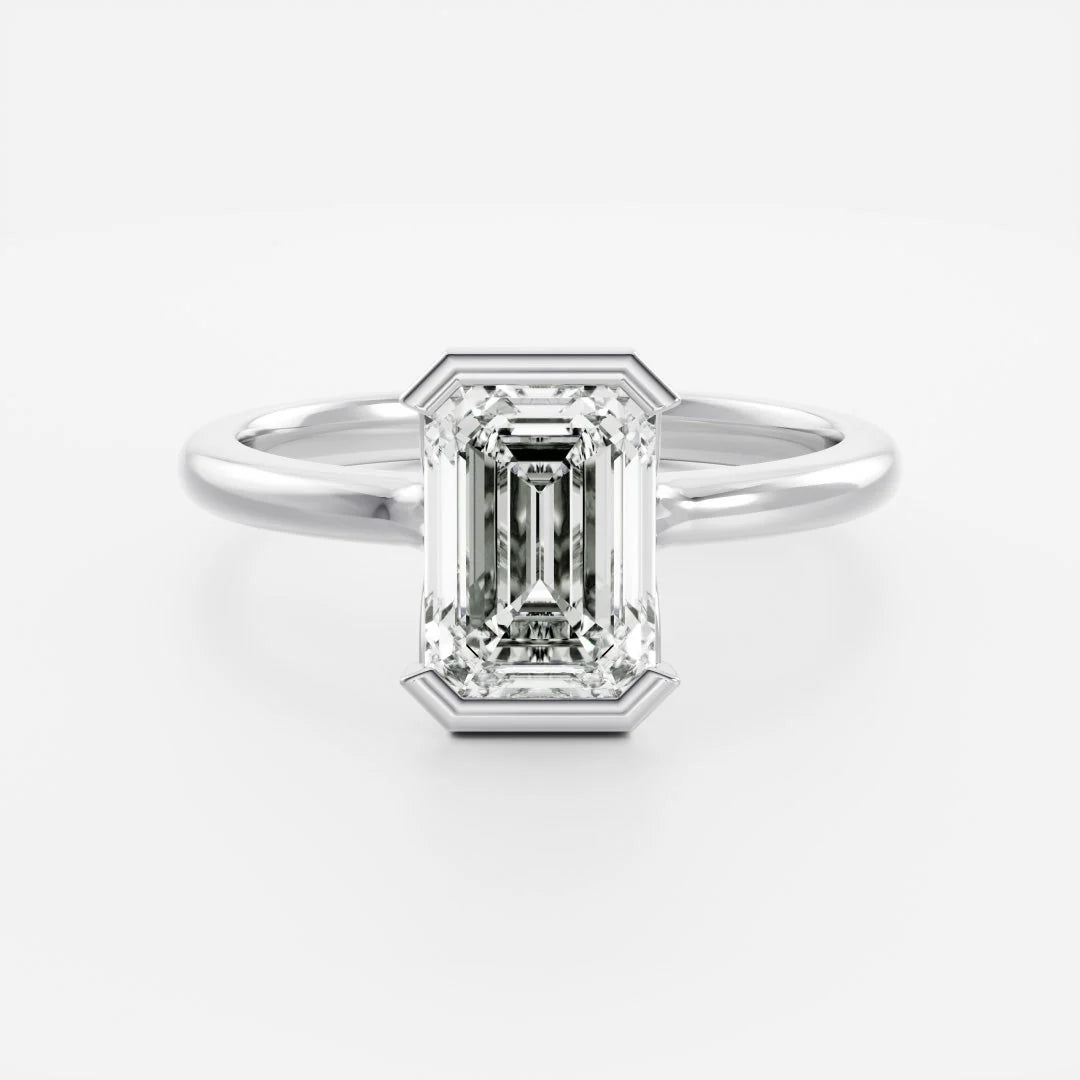 2.0CT Half Bezel Set Emerald Cut Lab Grown Diamond Solitaire Engagement Ring