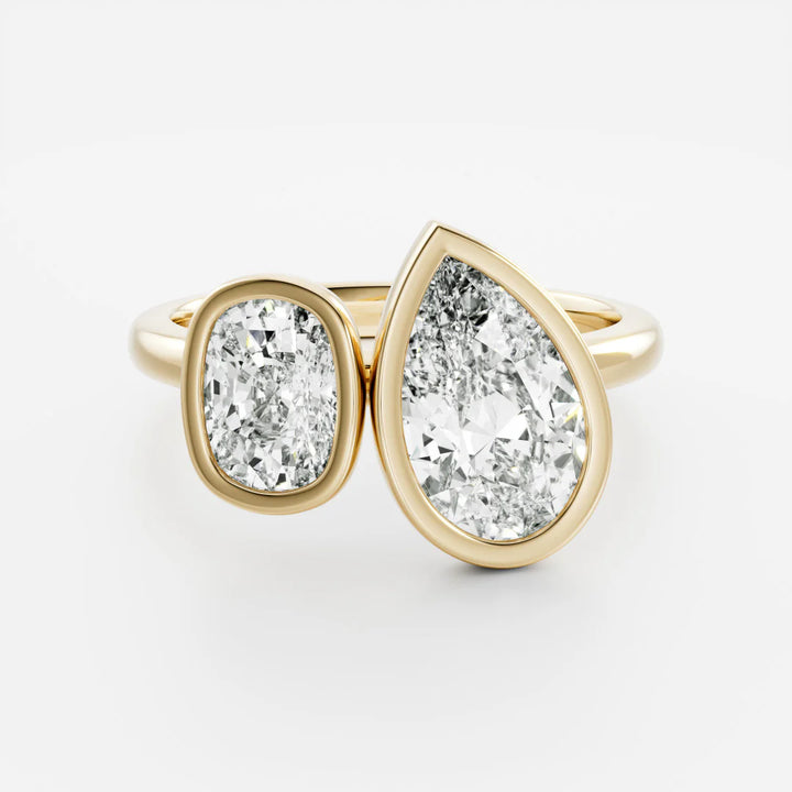 1.0CT Bezel Set Pear & Elongated Cushion Cut CVD Diamond Toi Et Moi Engagement Ring