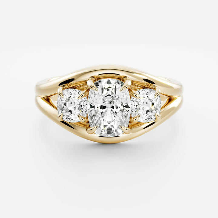 1.0ct Elongated Cushion Cut Three Stone Split Shank Unique Diamond Engagement Ring