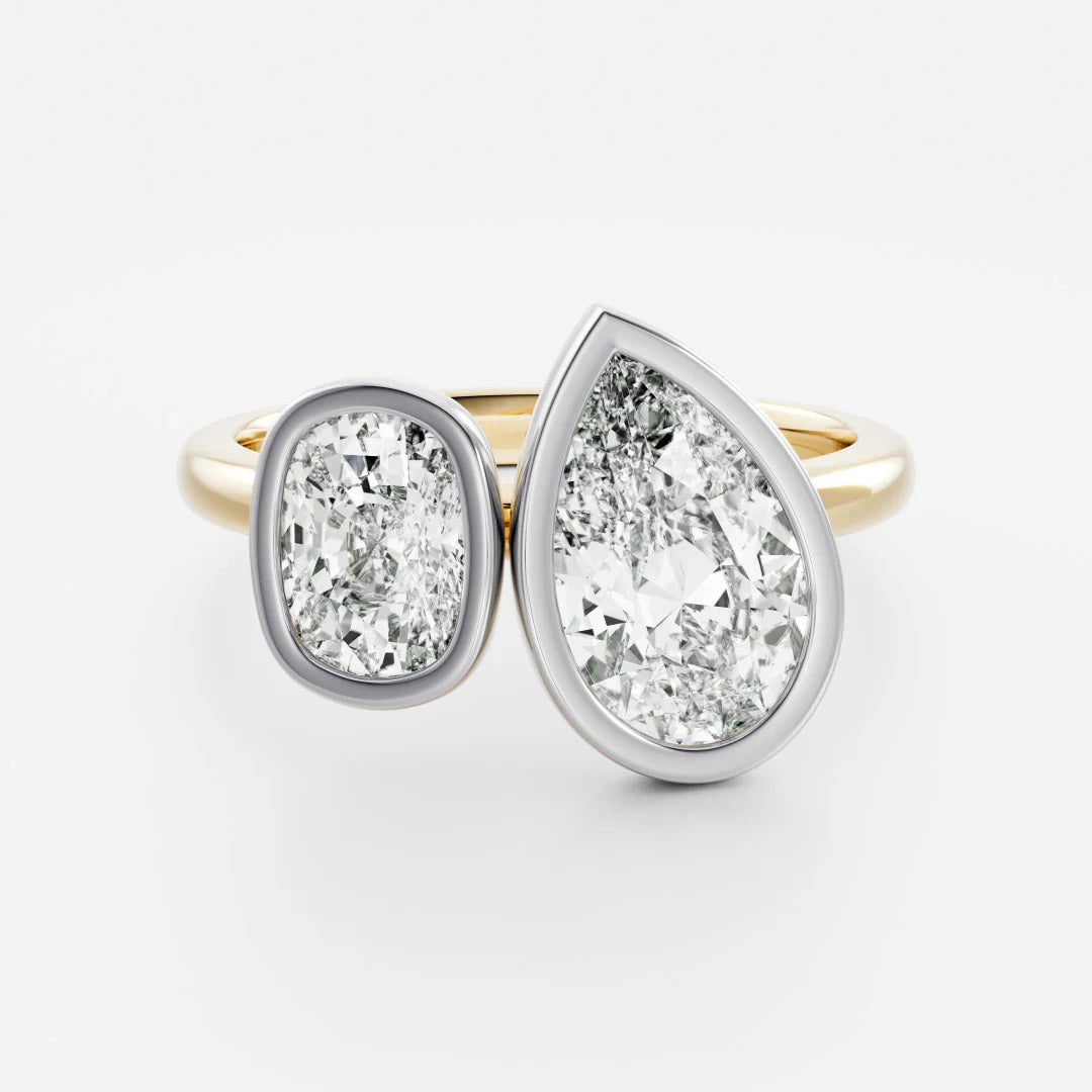1.0CT Bezel Set Pear & Elongated Cushion Cut CVD Diamond Toi Et Moi Engagement Ring