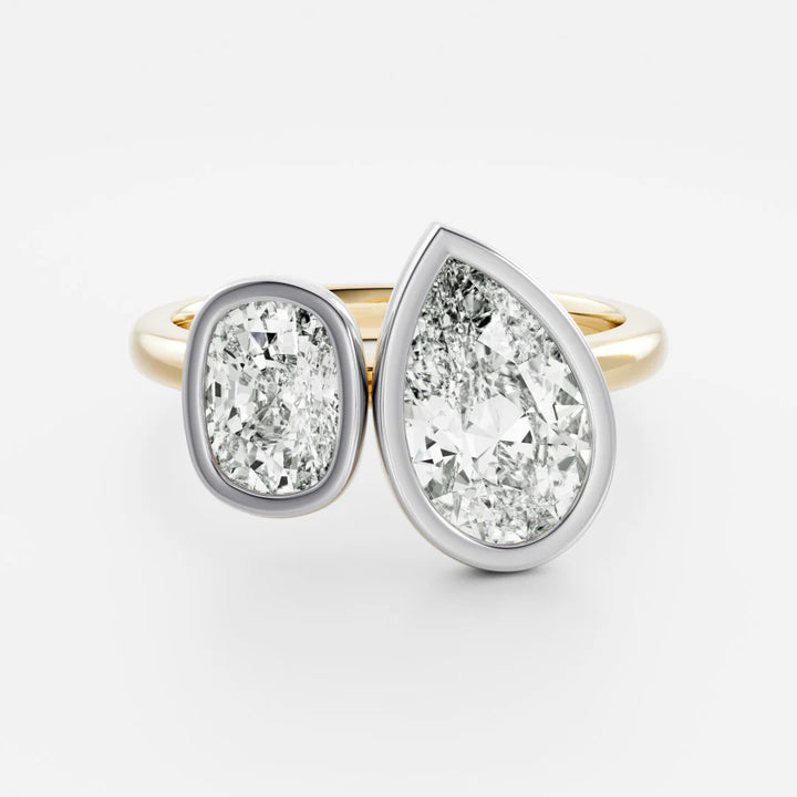 1.0CT Bezel Set Pear & Elongated Cushion Cut CVD Diamond Toi Et Moi Engagement Ring