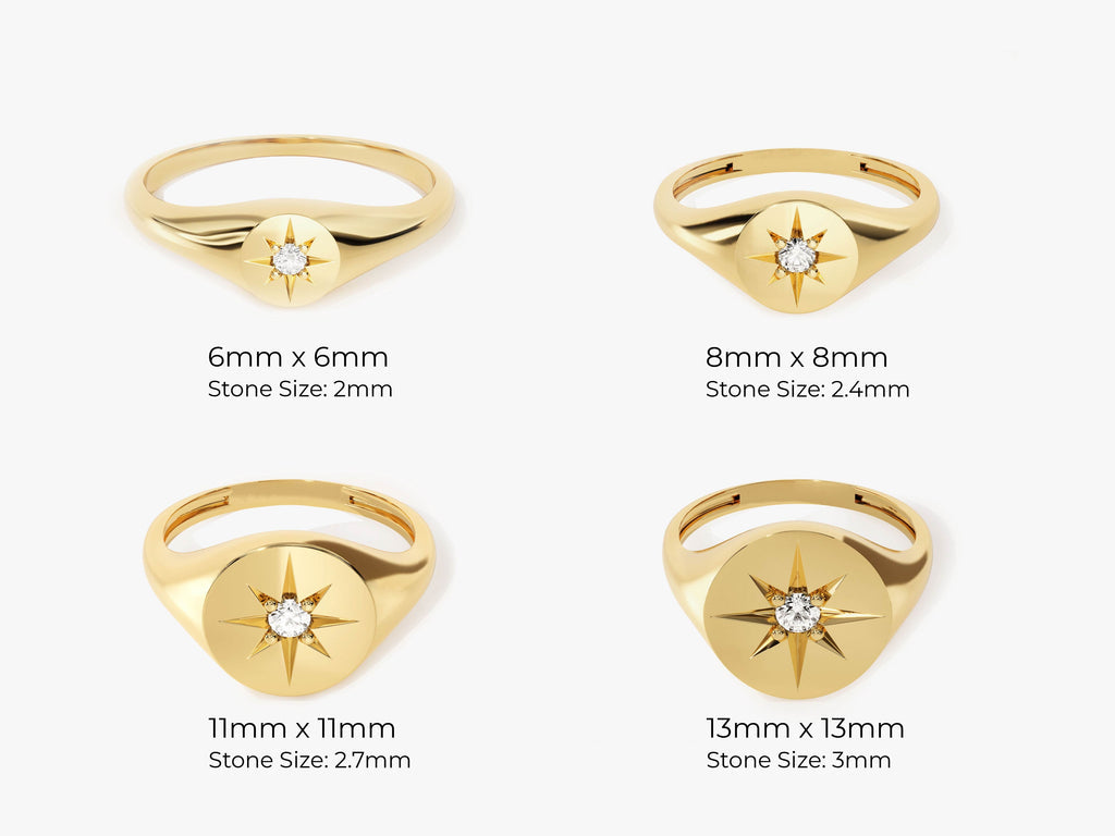 14k Solid Gold Diamond Star Signet Ring