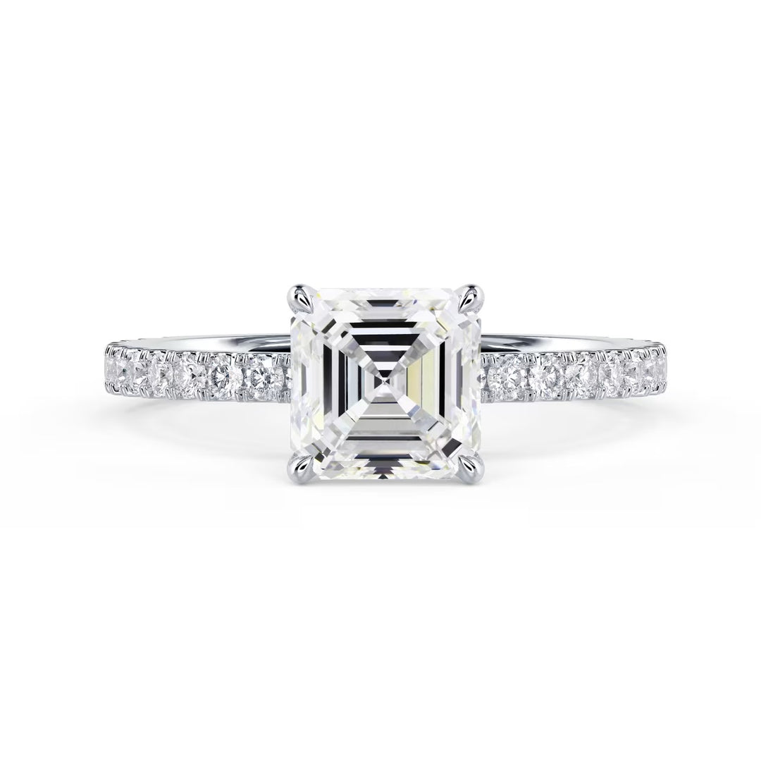asscher cut lab grown diamond cathedral pave engagement ring 1.5 carat E VS1