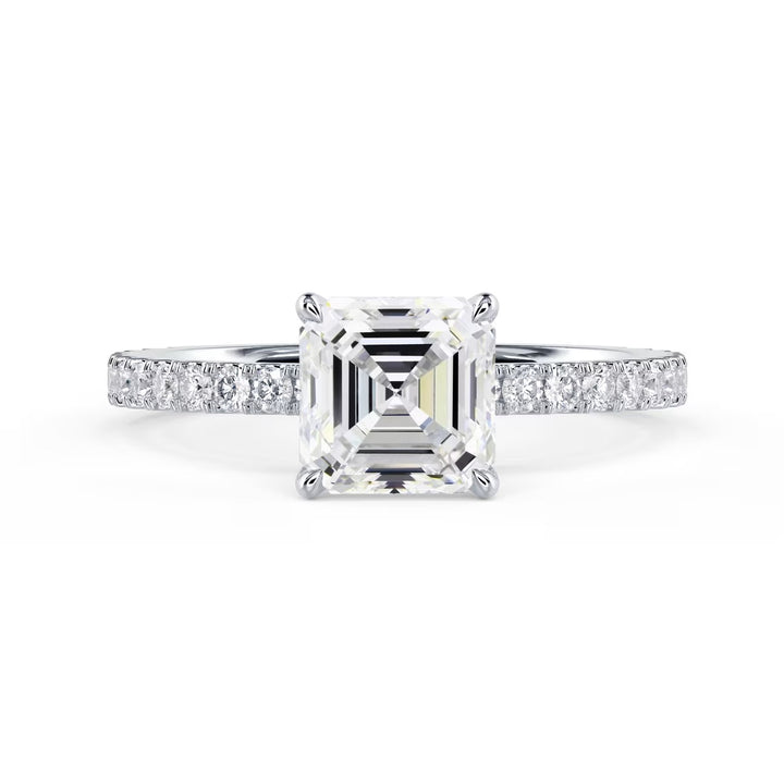 asscher cut lab grown diamond cathedral pave engagement ring 1.5 carat E VS1