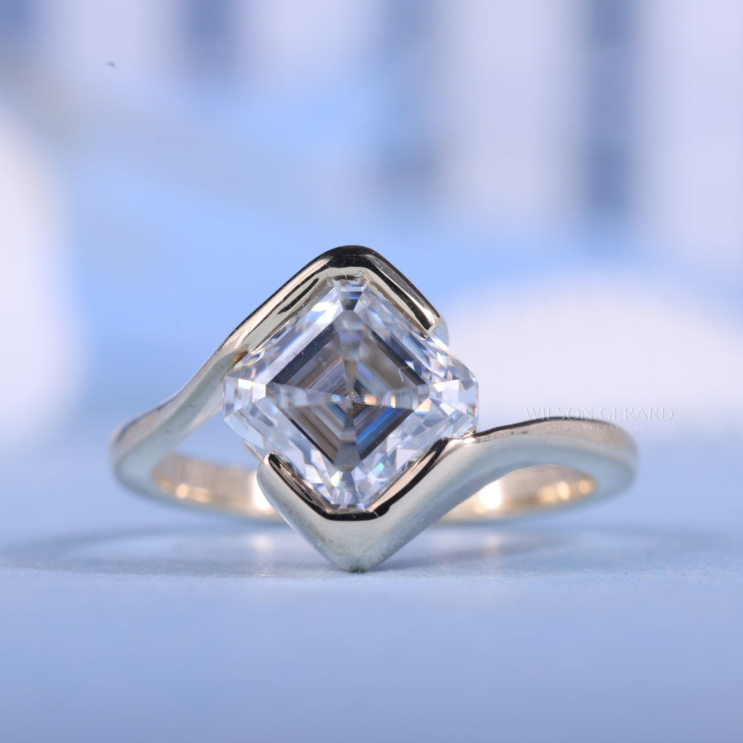 1.0CT-2.0CT Asscher E/VS Lab Grown Diamond Tension Style Unique Engagement Ring With Classic Curved Band