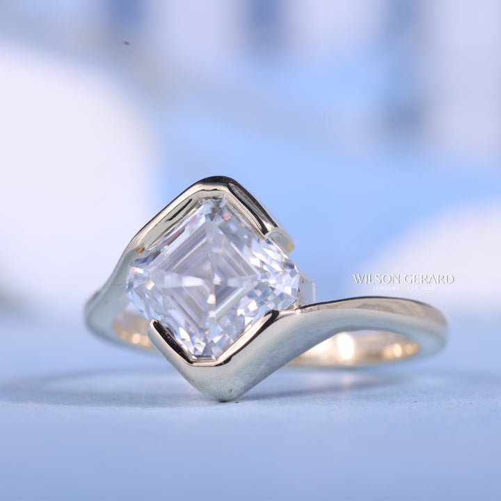 1.0CT-2.0CT Asscher E/VS Lab Grown Diamond Tension Style Unique Engagement Ring With Classic Curved Band