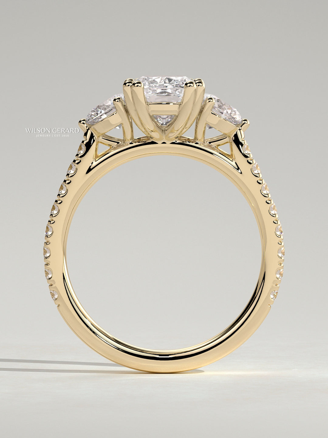 cushion cut diamond ring with pave band
