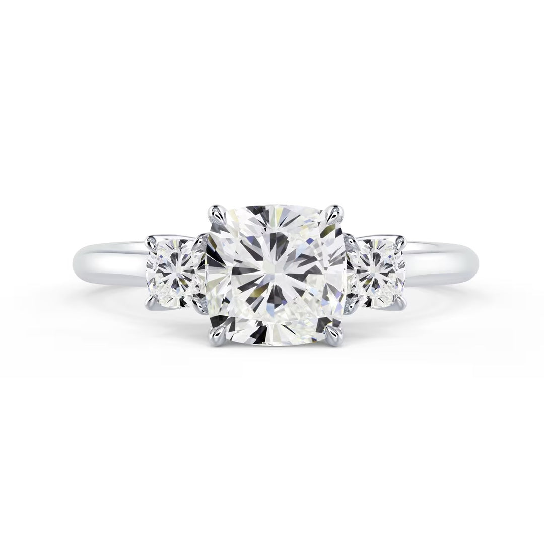 1.5 carat cushion cut lab grown diamond three stone engagement ring E VS1