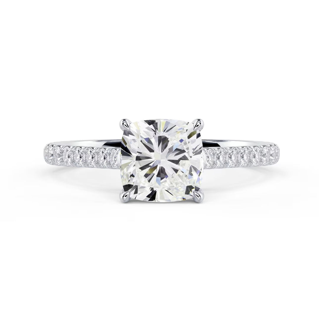 cushion cut lab grown diamond cathedral pave engagement ring 1.5 carat E VS1