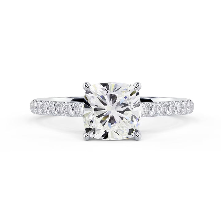 cushion cut lab grown diamond cathedral pave engagement ring 1.5 carat E VS1