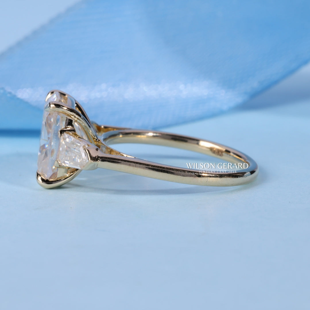 2.50CT Elongated Cushion Cut E/VS2 Lab Grown Diamond Three Stone Engagement Rings | Timeless Engagement Rings