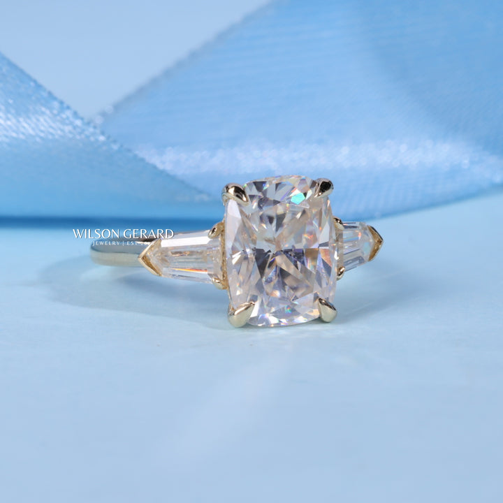 2.50CT Elongated Cushion Cut E/VS2 Lab Grown Diamond Three Stone Engagement Rings | Timeless Engagement Rings