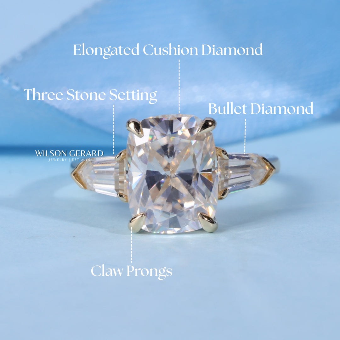 2.50CT Elongated Cushion Cut E/VS2 Lab Grown Diamond Three Stone Engagement Rings | Timeless Engagement Rings