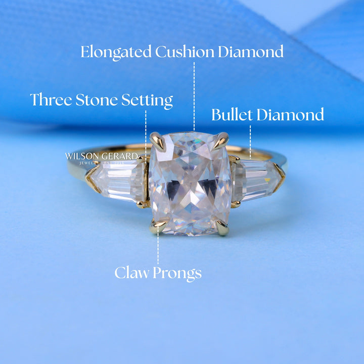 1.50CT Elongated Cushion Cut E/VS2 Lab Grown Diamond Three Stone Engagement Rings