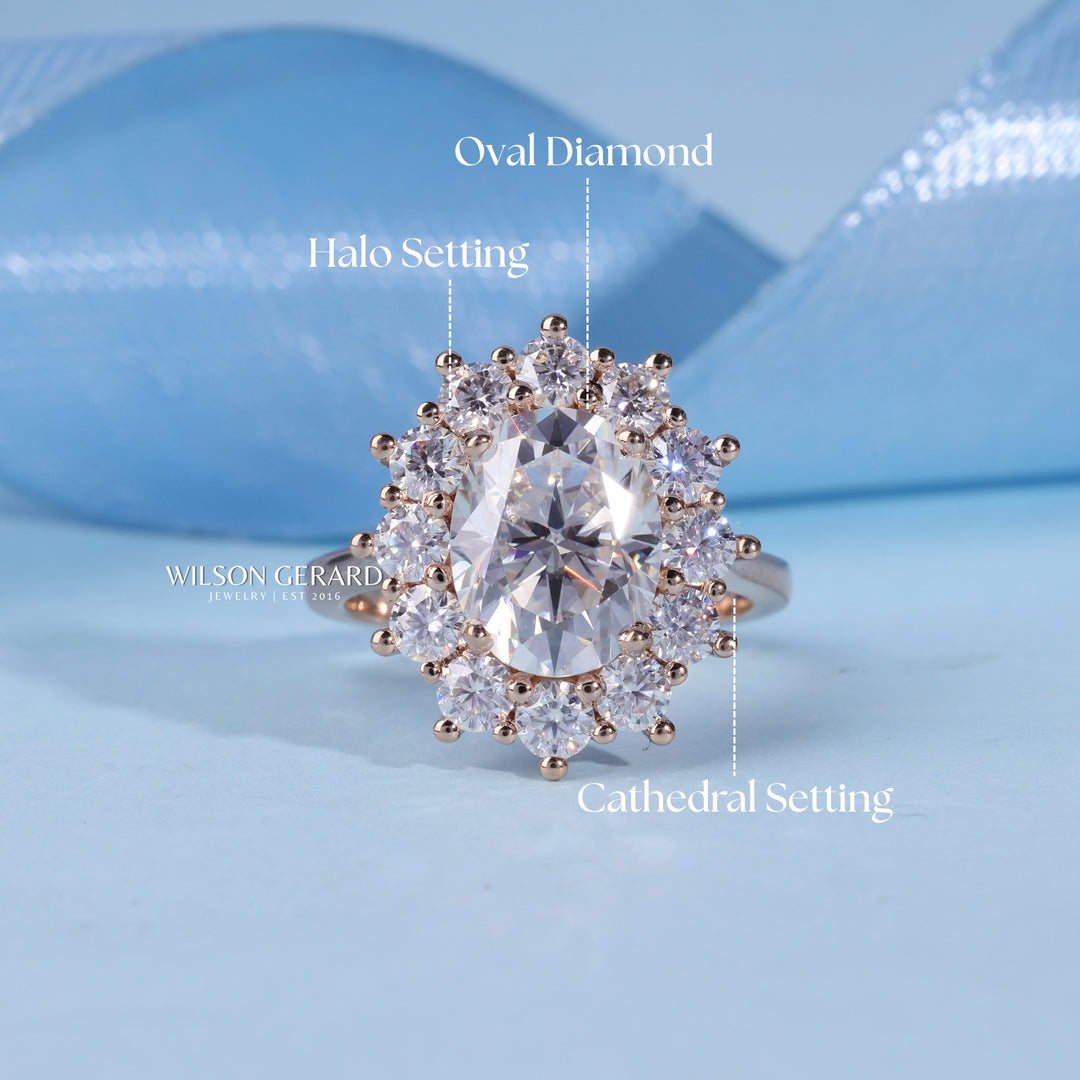 2.0CT Oval E/VS1 Lab Grown Diamond Halo Cathedral Engagement Ring