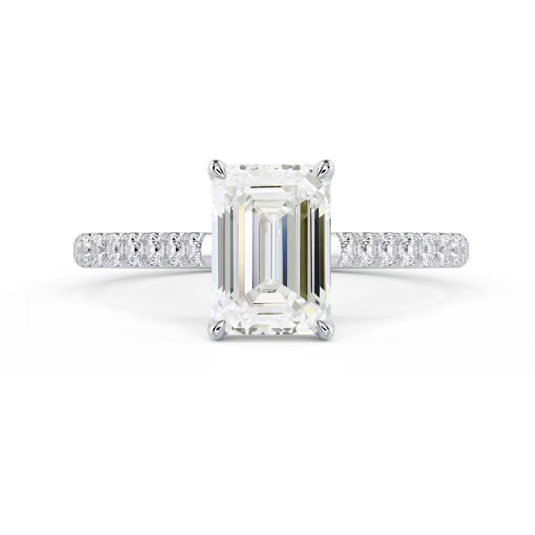 emerald cut lab grown diamond cathedral pave engagement ring 1.5 carat E VS1