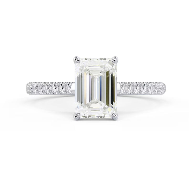 emerald cut lab grown diamond cathedral pave engagement ring 1.5 carat E VS1