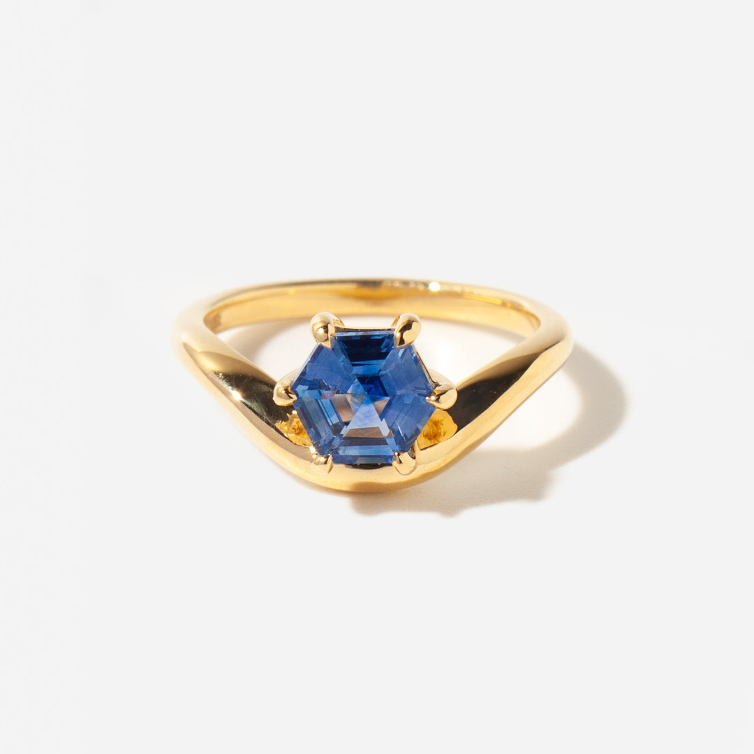 hexagon blue sapphire lab grown diamond engagement ring 1.5 carat curved design