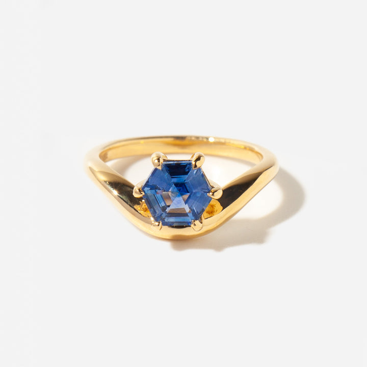 hexagon blue sapphire lab grown diamond engagement ring 1.5 carat curved design