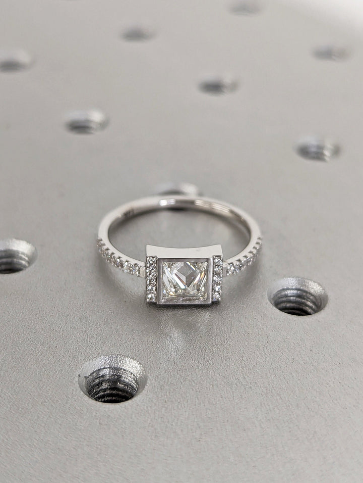 1.0CT Princess Cut Pave Lab Grown Diamond Unique Engagement Ring 14k White Gold