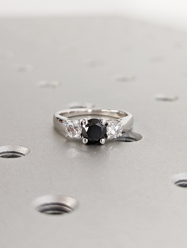 1.0CT Black Round Center Stone Lab Grown 3 Stone Diamond Engagement Ring For Her