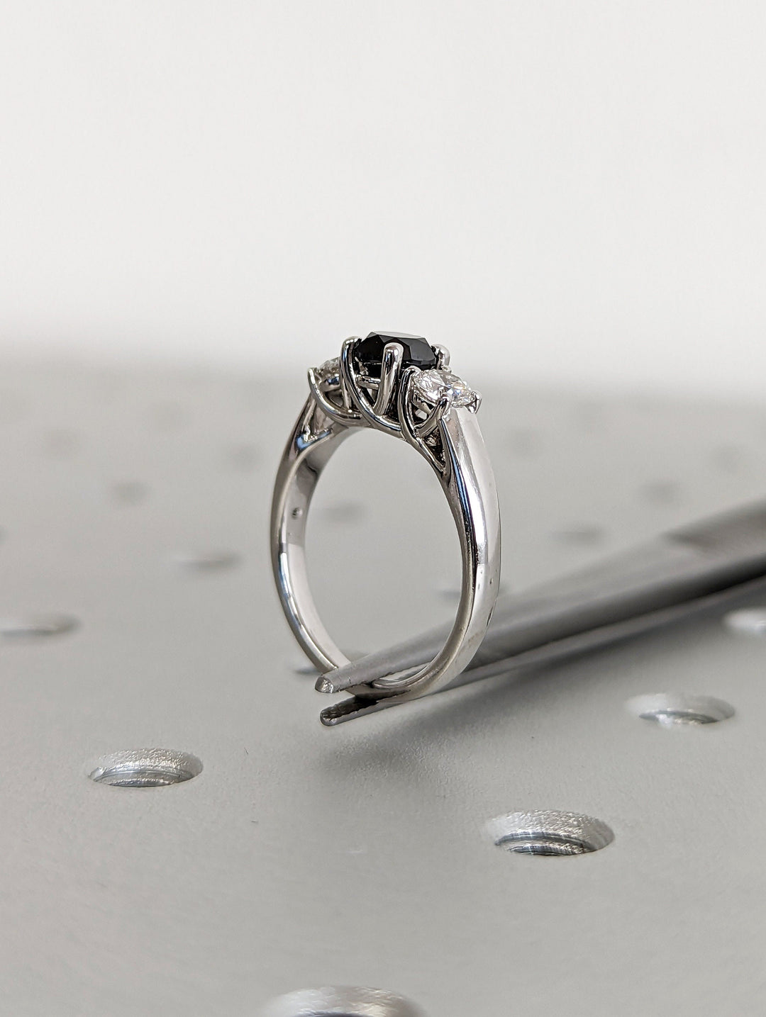 1.0CT Black Round Center Stone Lab Grown 3 Stone Diamond Engagement Ring For Her