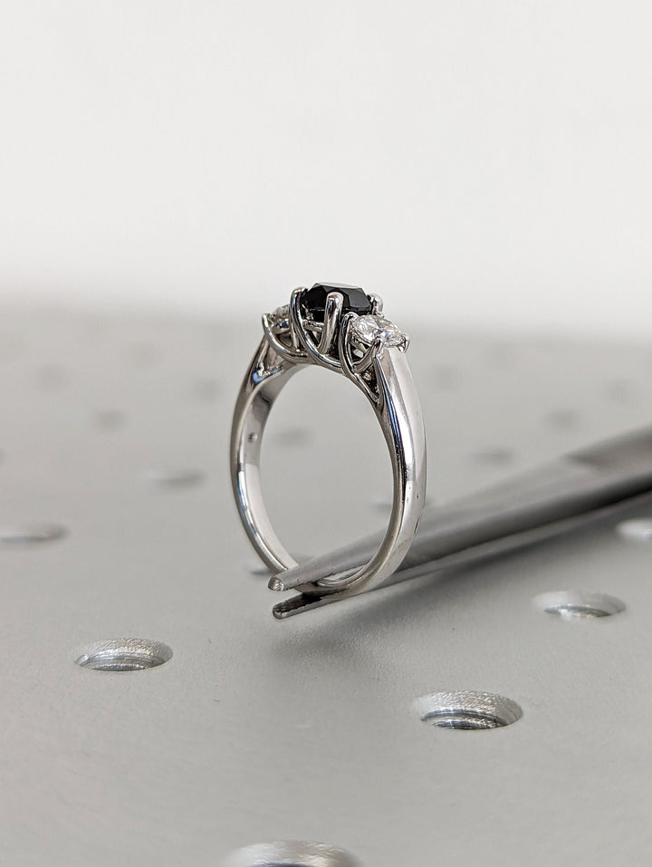 1.0CT Black Round Center Stone Lab Grown 3 Stone Diamond Engagement Ring For Her