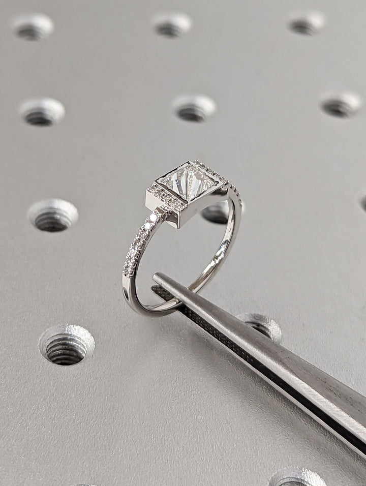 1.0CT Princess Cut Pave Lab Grown Diamond Unique Engagement Ring 14k White Gold