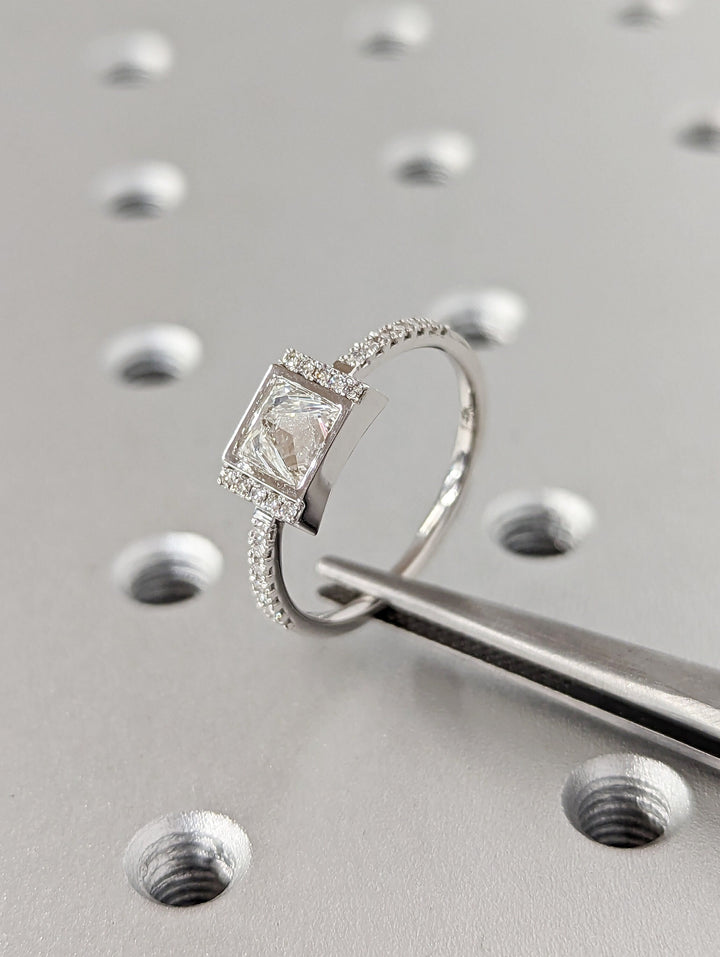1.0CT Princess Cut Pave Lab Grown Diamond Unique Engagement Ring 14k White Gold
