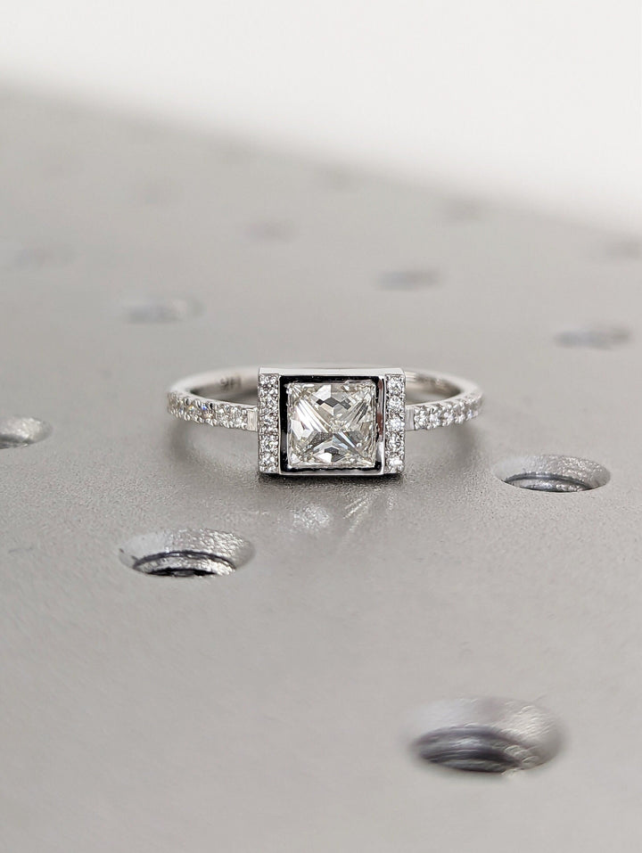 1.0CT Princess Cut Pave Lab Grown Diamond Unique Engagement Ring 14k White Gold