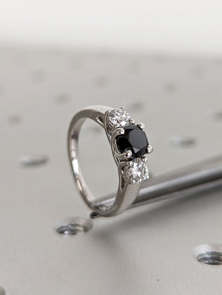 1.0CT Black Round Center Stone Lab Grown 3 Stone Diamond Engagement Ring For Her