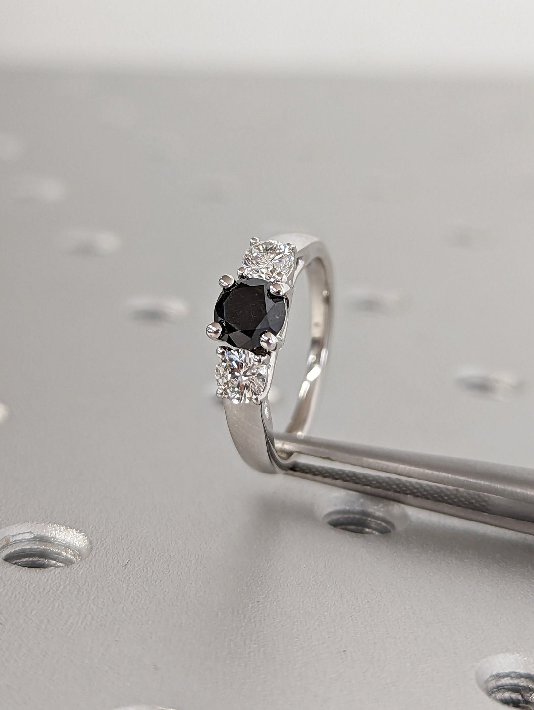 1.0CT Black Round Center Stone Lab Grown 3 Stone Diamond Engagement Ring For Her