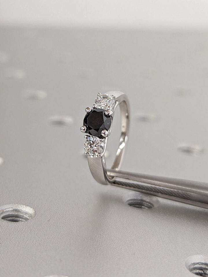 1.0CT Black Round Center Stone Lab Grown 3 Stone Diamond Engagement Ring For Her