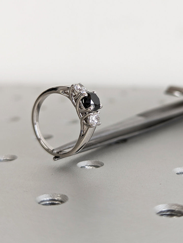 1.0CT Black Round Center Stone Lab Grown 3 Stone Diamond Engagement Ring For Her