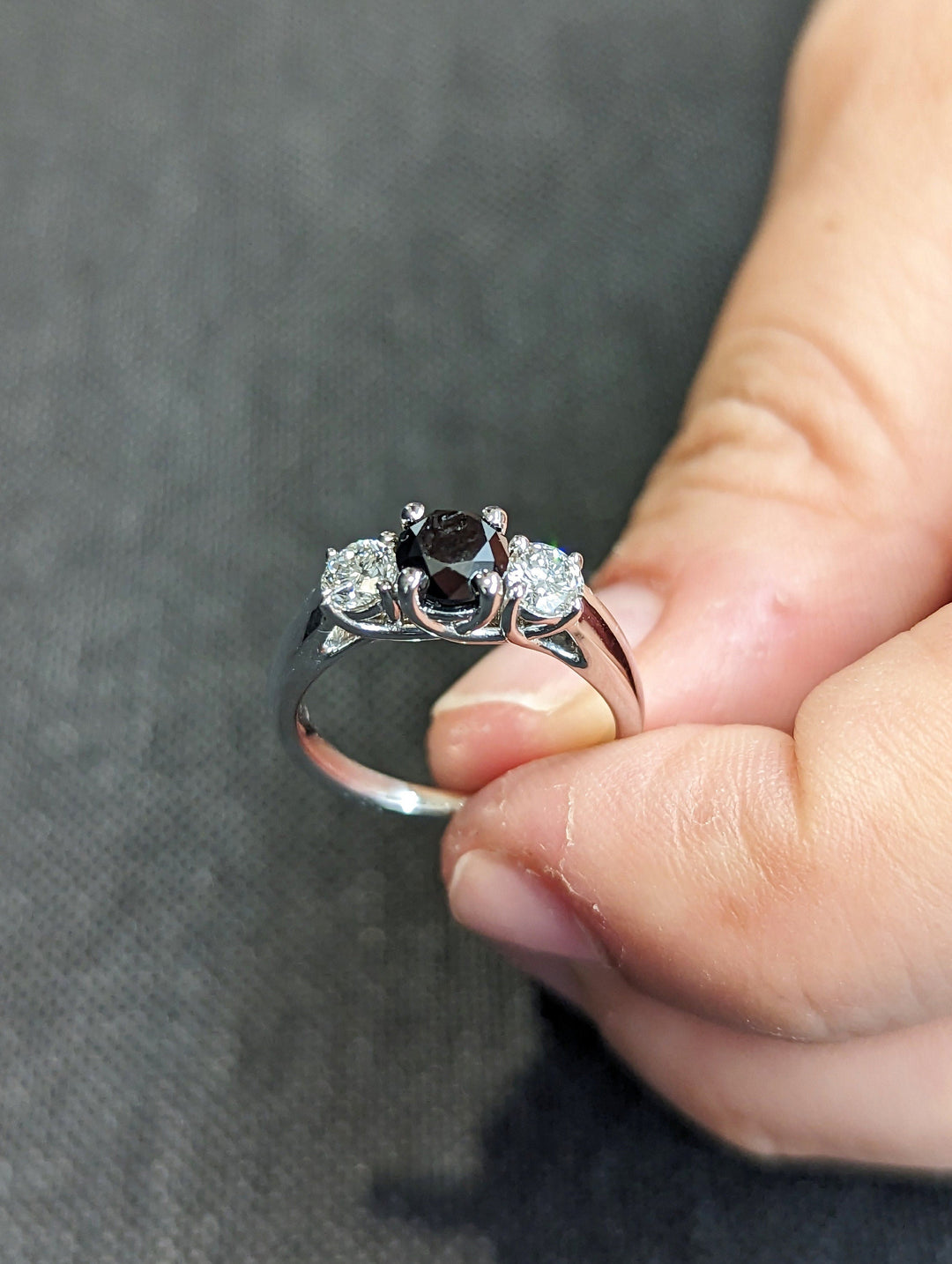 1.0CT Black Round Center Stone Lab Grown 3 Stone Diamond Engagement Ring For Her