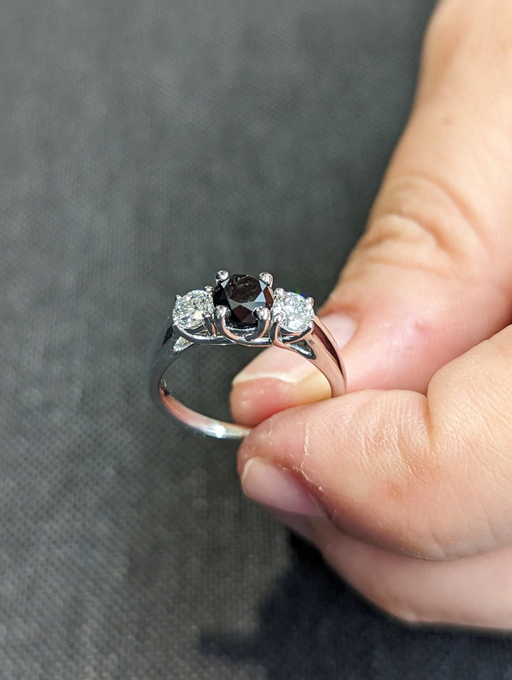 1.0CT Black Round Center Stone Lab Grown 3 Stone Diamond Engagement Ring For Her