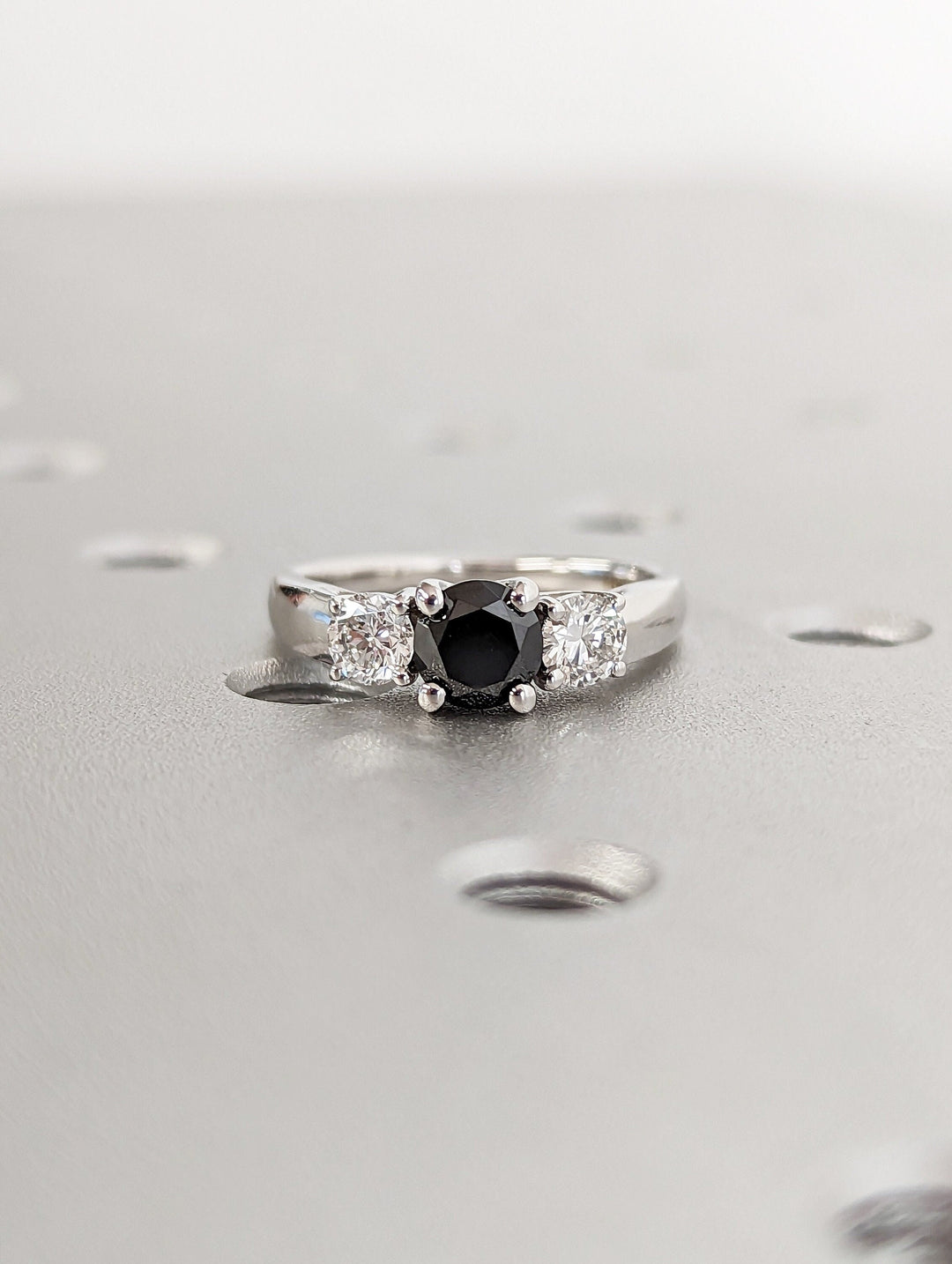 1.0CT Black Round Center Stone Lab Grown 3 Stone Diamond Engagement Ring For Her