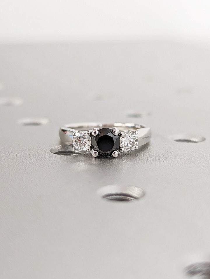 1.0CT Black Round Center Stone Lab Grown 3 Stone Diamond Engagement Ring For Her