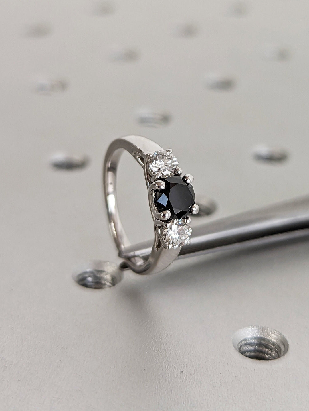 1.0CT Black Round Center Stone Lab Grown 3 Stone Diamond Engagement Ring For Her